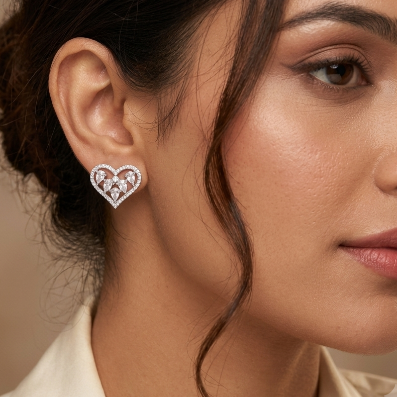Silver-Tone Winged Heart Stone Stud Earrings