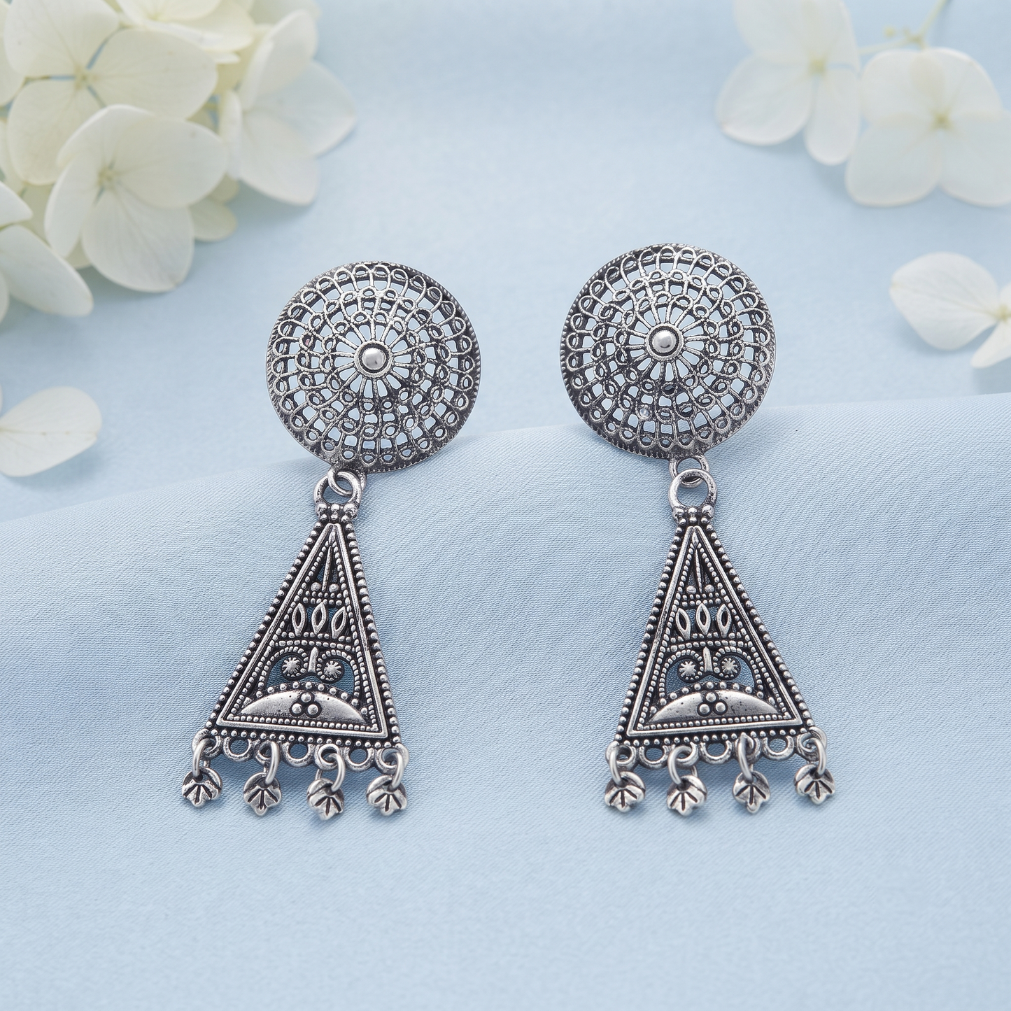 Triangular Filigree Oxidized Earrings
