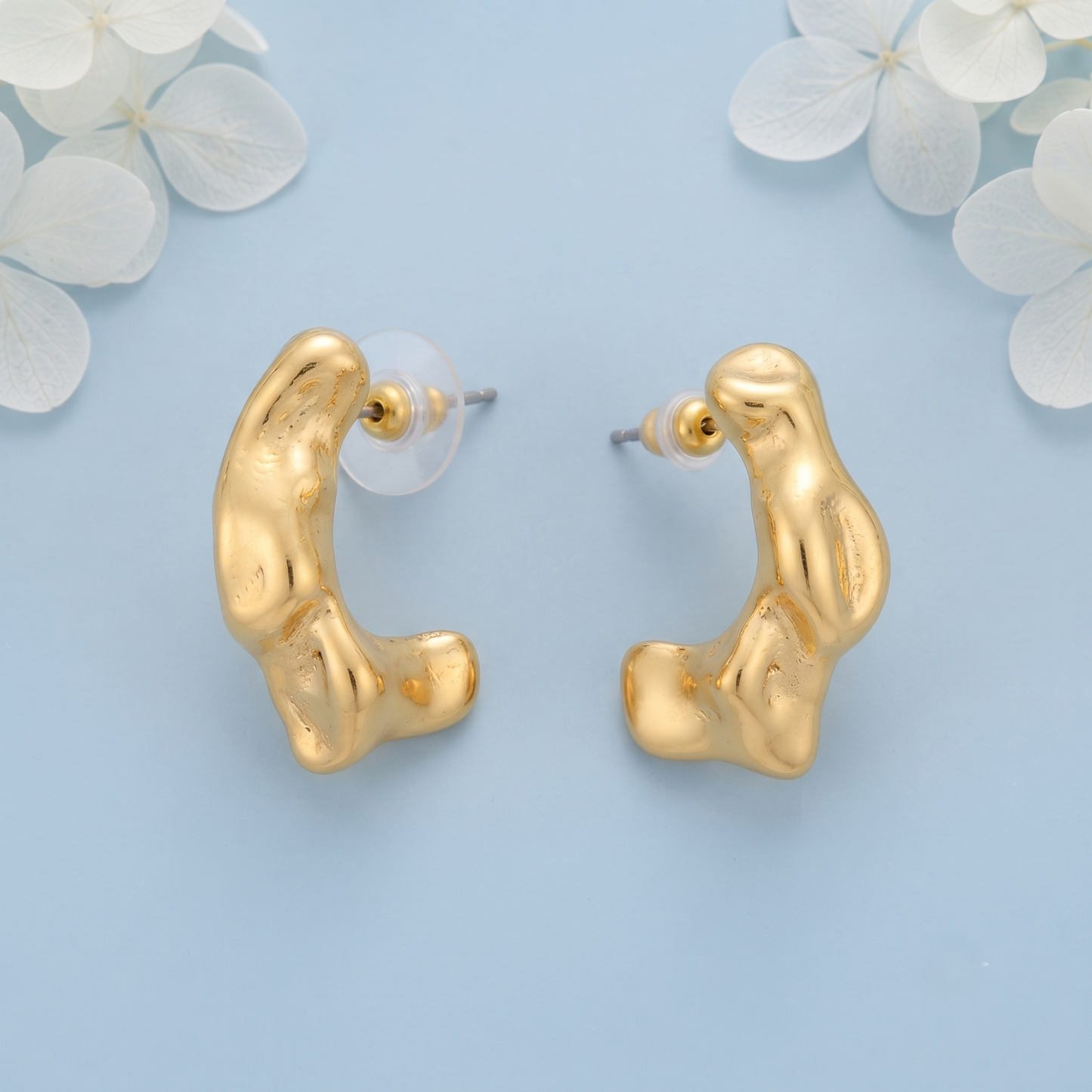Gold Plated Brass Melted Organic Hoop Earrings