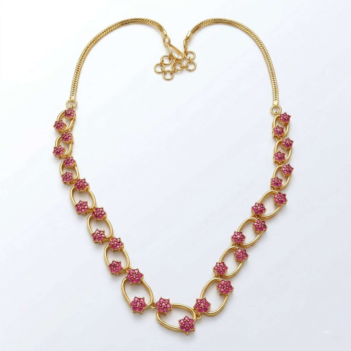 Gold-Tone Oval Link and Floral Ruby Stone Necklace Set