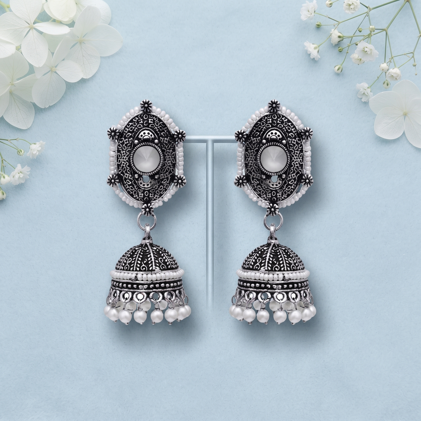 White Stone Pearl Jhumka Earrings