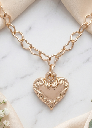 Rose Gold Filigree Heart Pendant Necklace with Intricate Heart-Link Chain