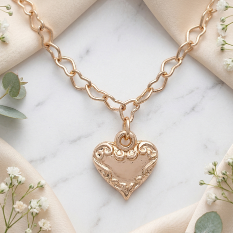 Rose Gold Filigree Heart Pendant Necklace with Intricate Heart-Link Chain