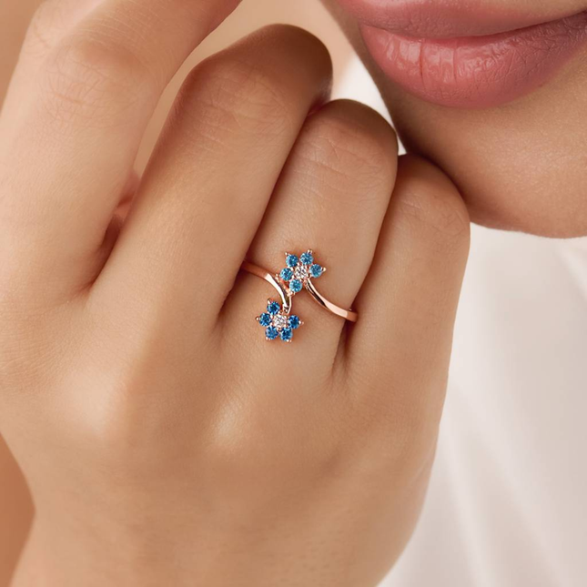 Dual Blue Floral CZ Ring in Gold Finish