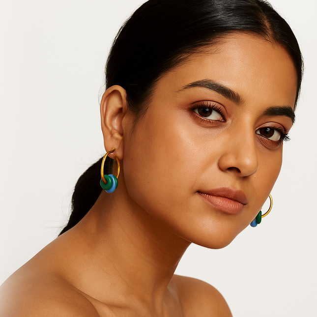 Gold Hoop Earrings with Blue & Green Resin Rings