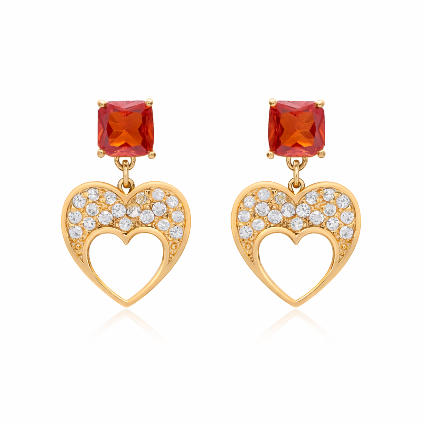 Square Garnet CZ Heart Drop Earrings