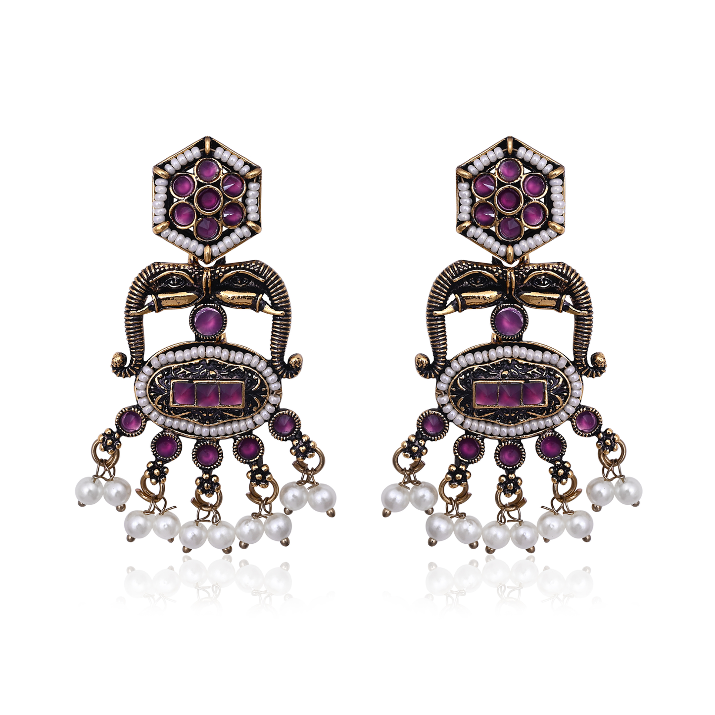 Maroon White Stone Ethnic Earrings