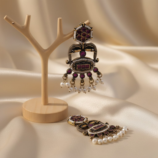 Maroon White Stone Ethnic Earrings