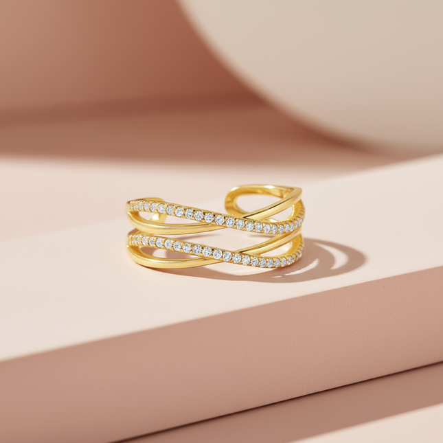 Triple Layer Crossover CZ Ring in Gold Finish