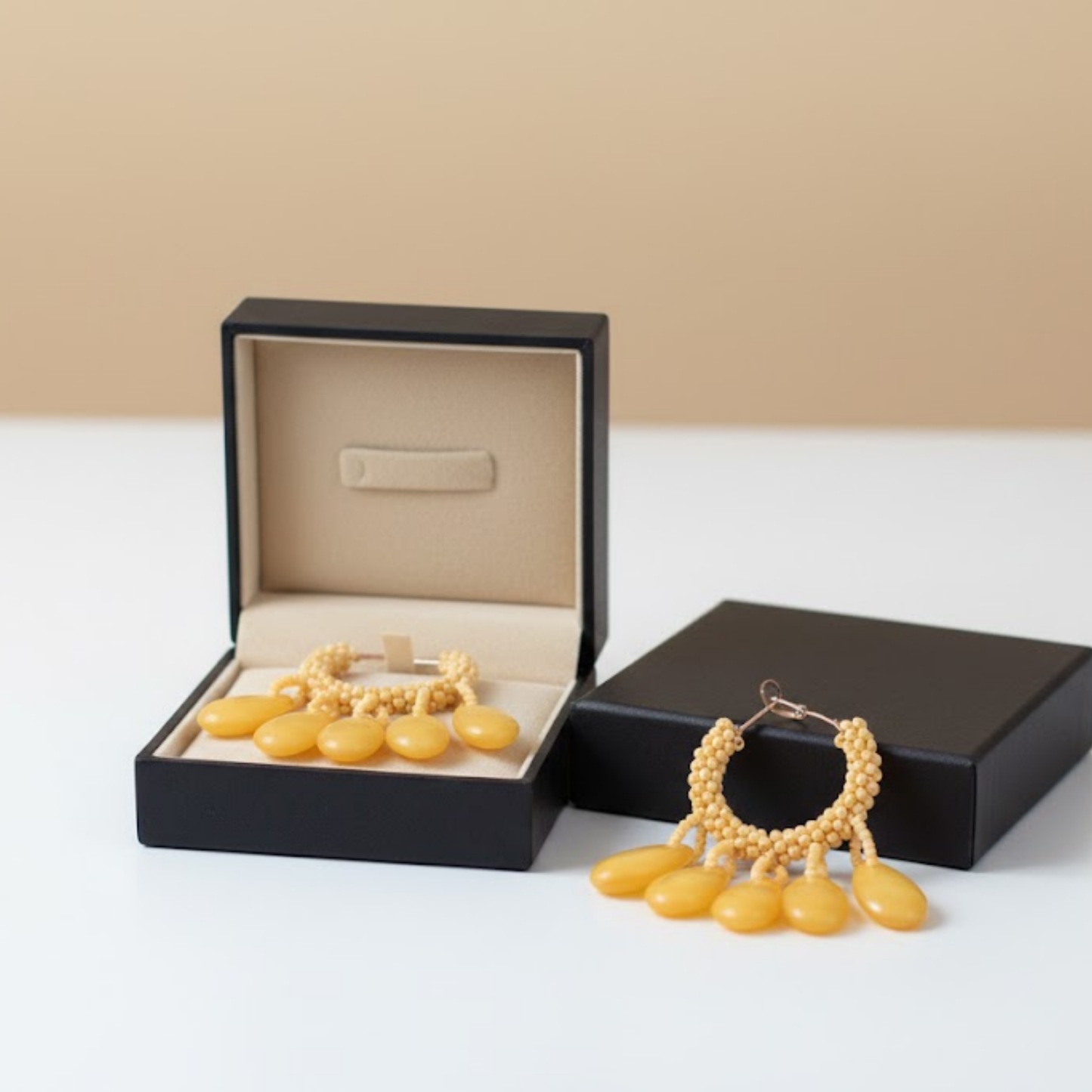 Seed Bead Hoop Earrings Yellow Charm