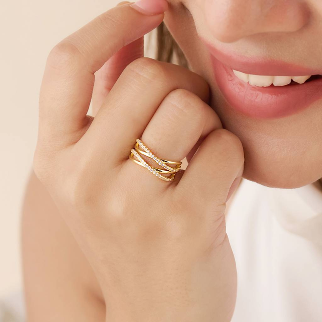 Triple Layer Crossover CZ Ring in Gold Finish