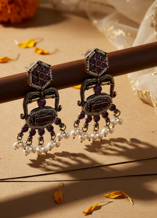 Maroon White Stone Ethnic Earrings By 2wist Designs