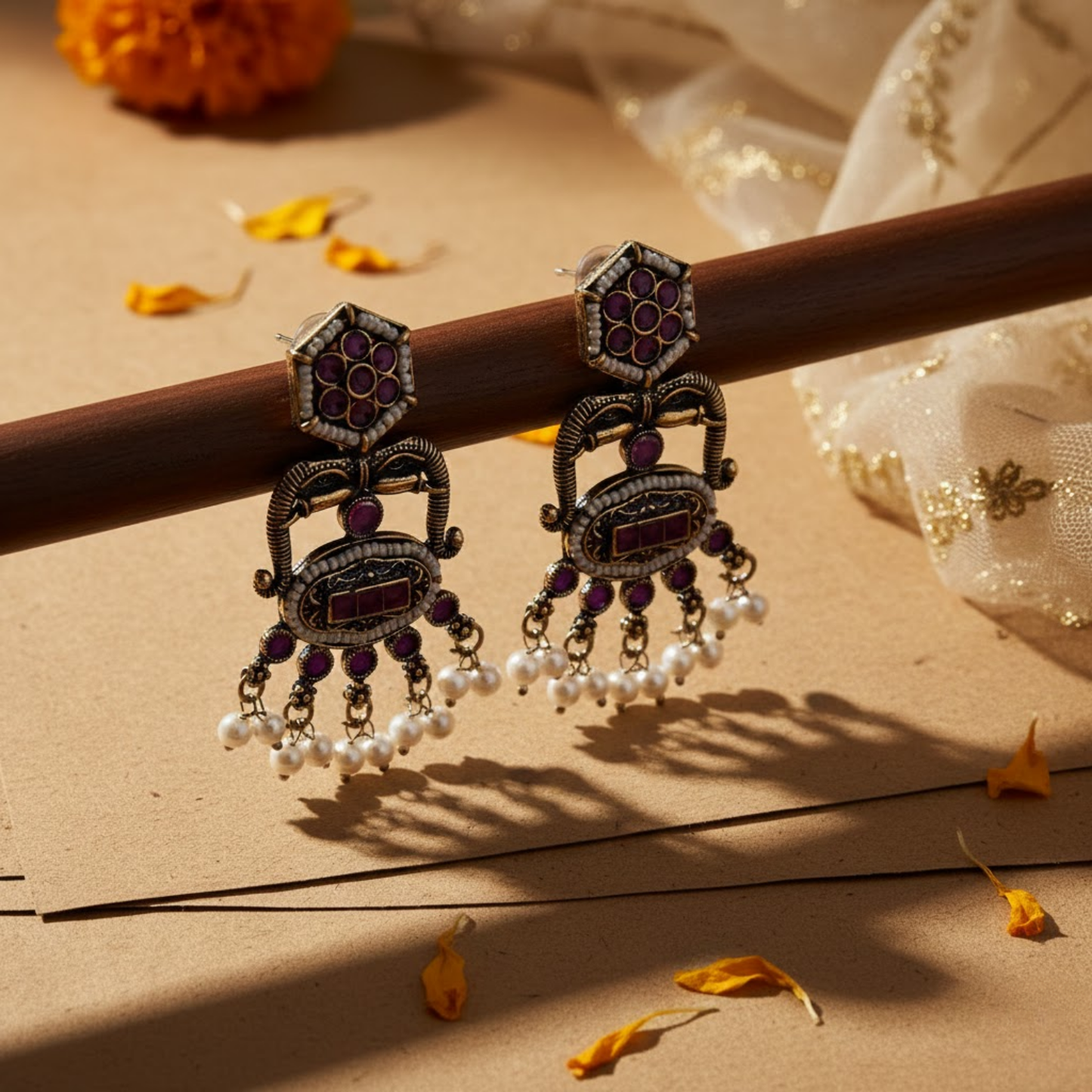 Maroon White Stone Ethnic Earrings