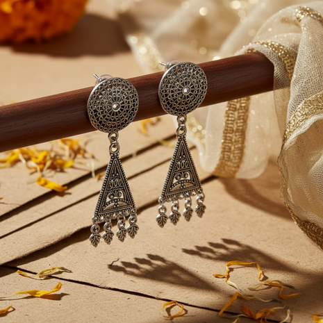 Triangular Filigree Oxidized Earrings By 2wist Designs