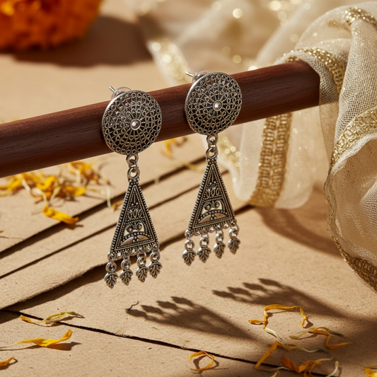 Triangular Filigree Oxidized Earrings