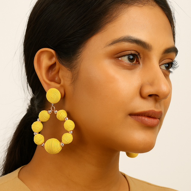 Yellow Thread Wrapped Beaded Hoop Earrings