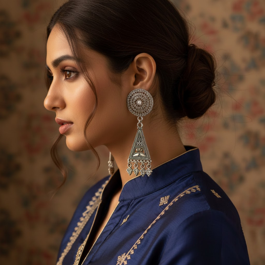 Triangular Filigree Oxidized Earrings