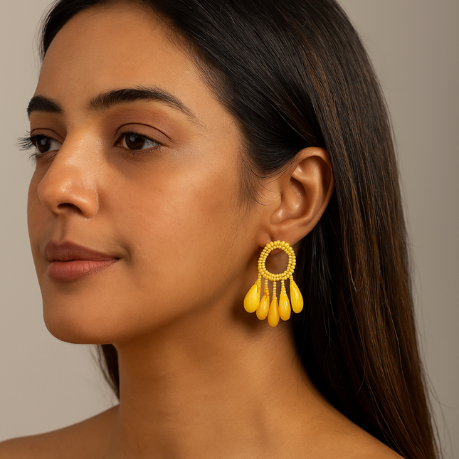 Yellow Beaded Drop Hoop Earrings