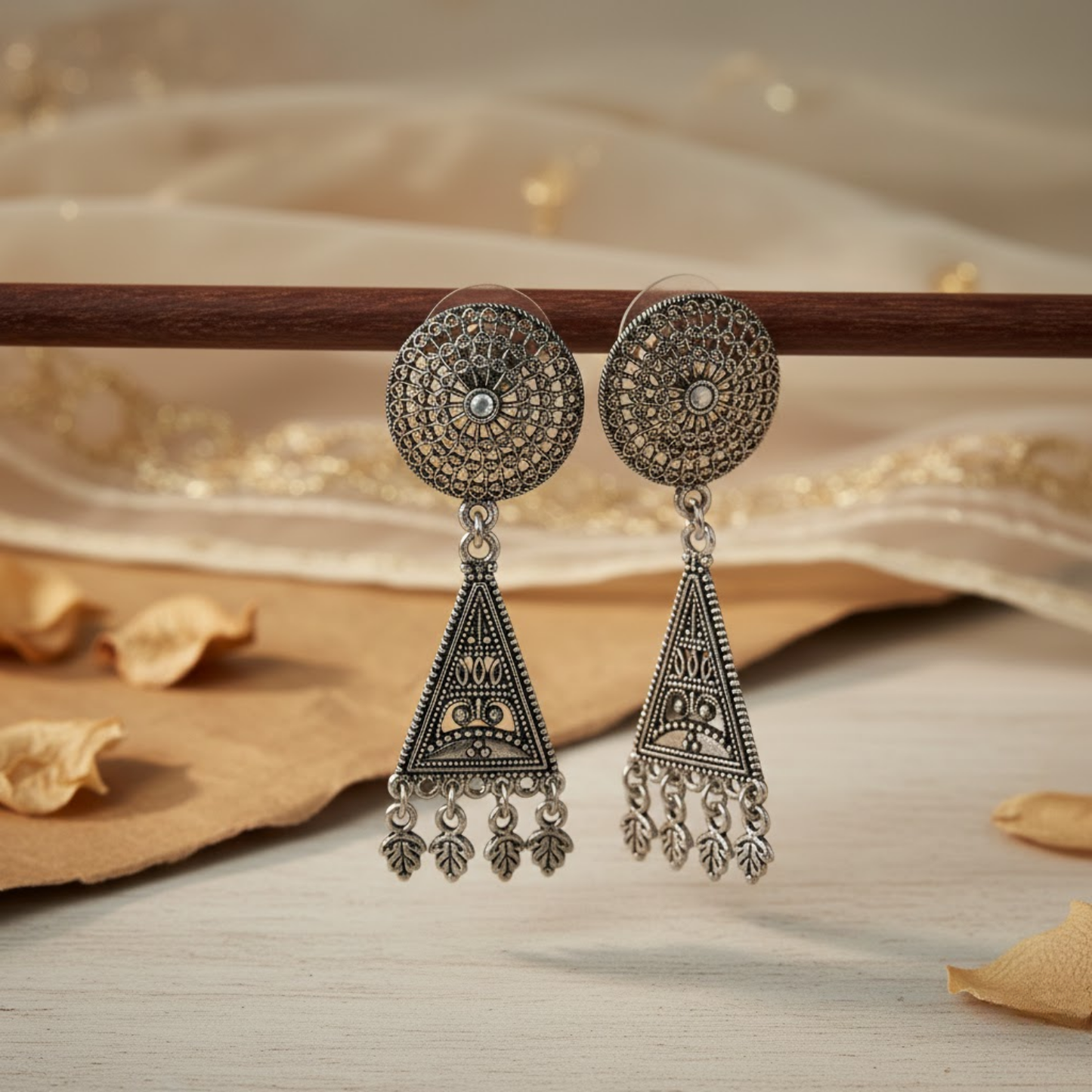 Triangular Filigree Oxidized Earrings