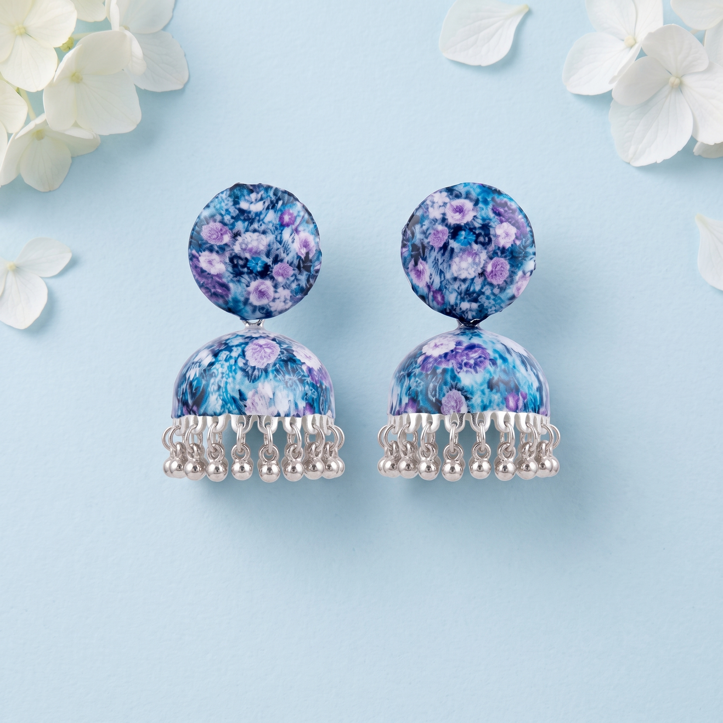 Silver Toned Brass Blue Floral Print Jhumka Earrings