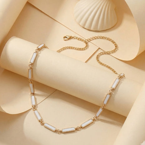 Gold-Plated Brass Rectangular Link Necklace With Stone Inlay