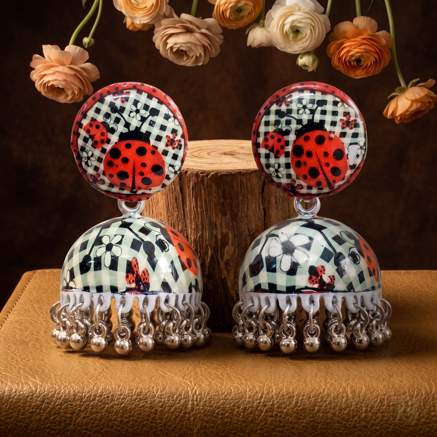 Silver Toned Brass Ladybug Print Jhumka Earrings