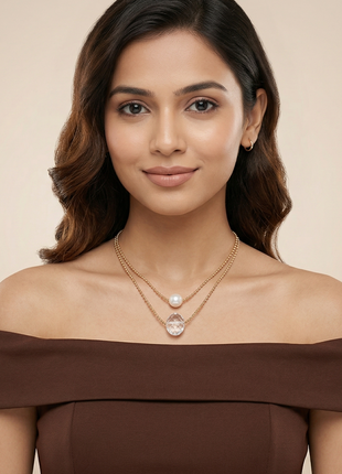 Elegant 14K Rose Gold Plated Double Layered Necklace with Freshwater Pearl Set Of 2