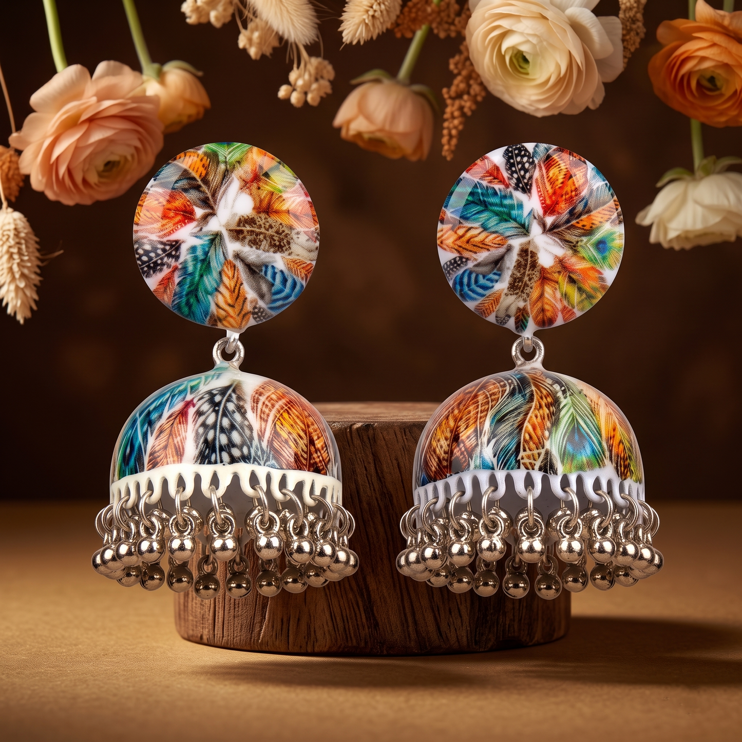 Silver Toned Brass Abstract Print Jhumka Earrings