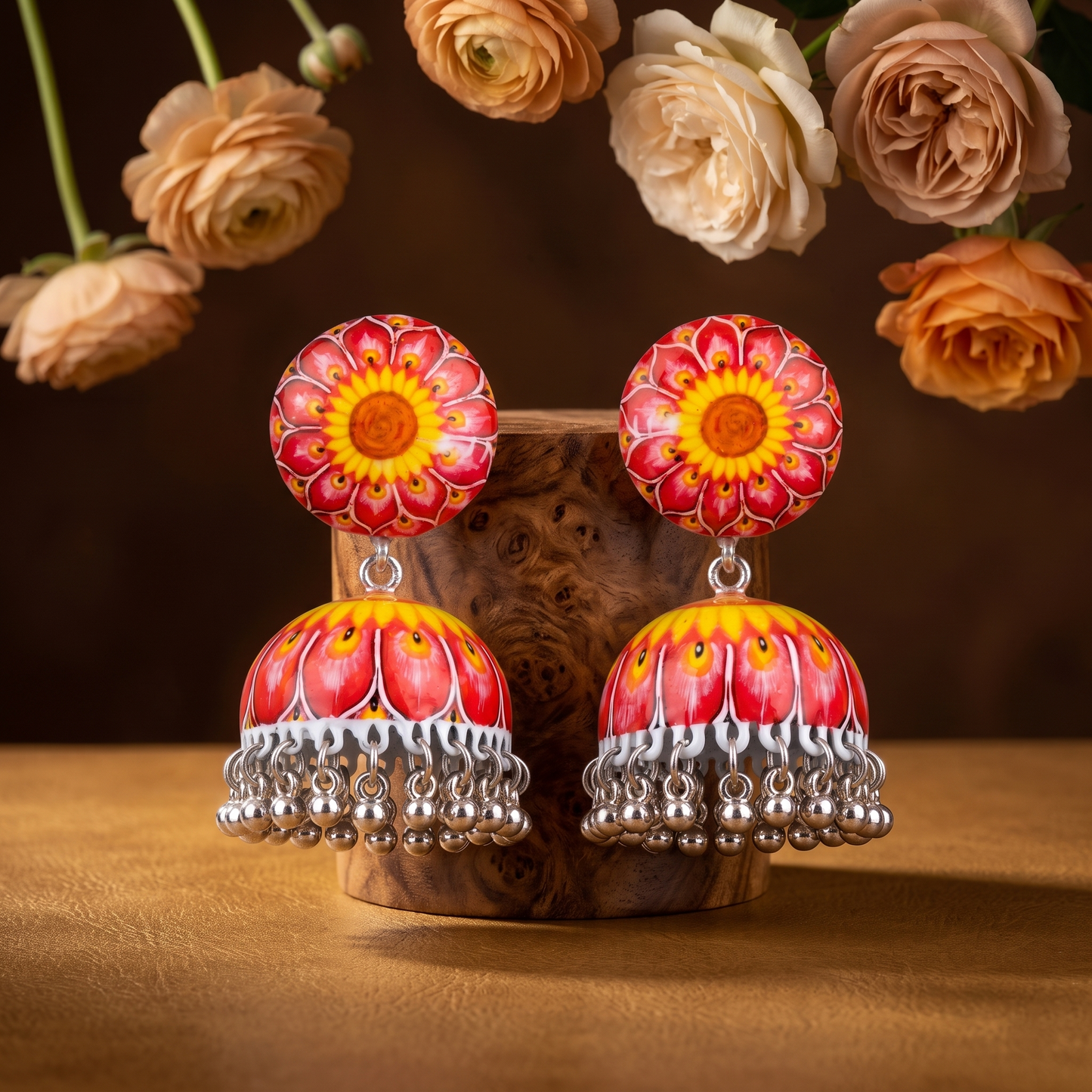 Silver Toned Brass Sunflower Print Jhumka Earrings