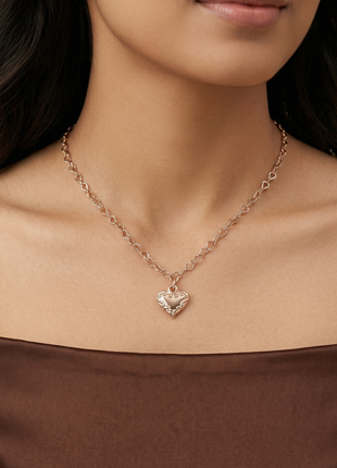 Rose Gold Filigree Heart Pendant Necklace with Intricate Heart-Link Chain