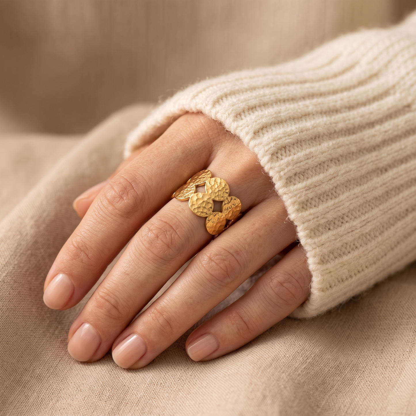Gold Toned Brass Floral Petal Adjustable Ring