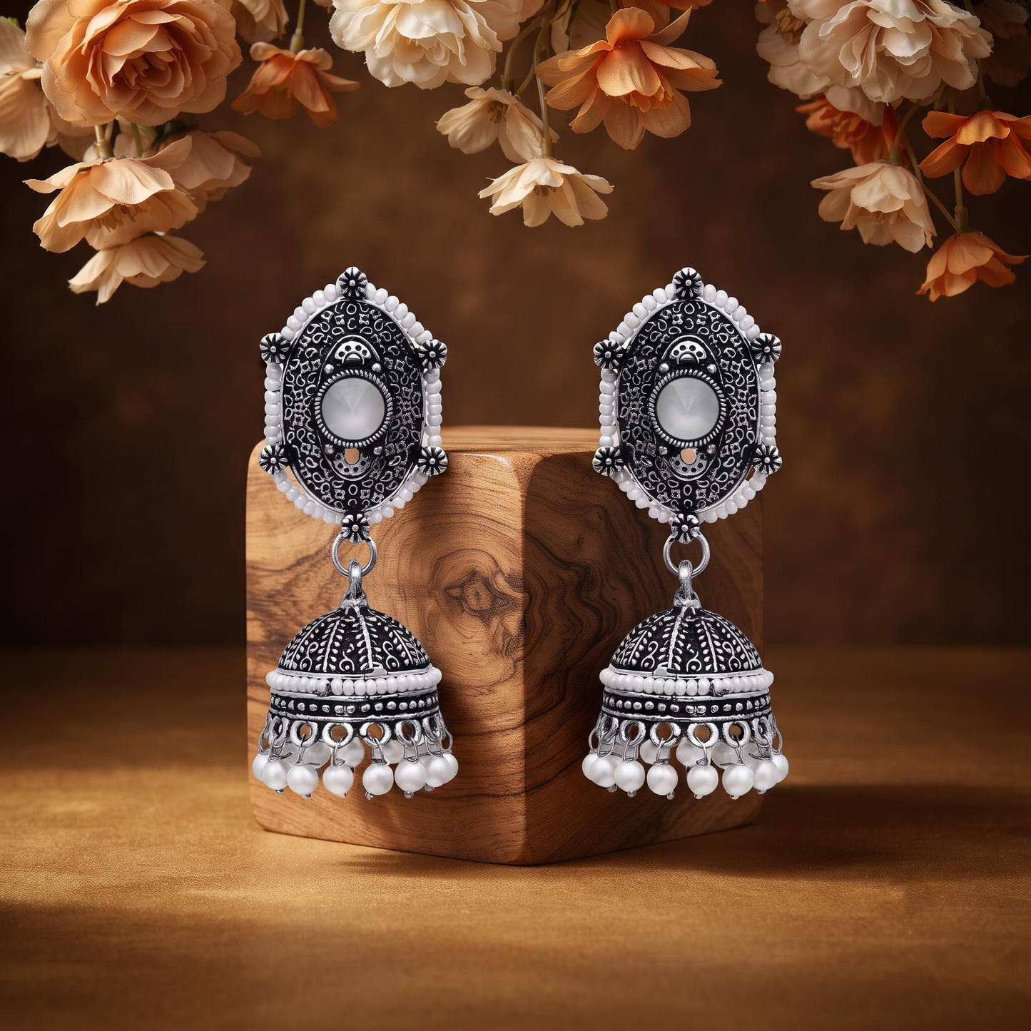 White Stone Pearl Jhumka Earrings