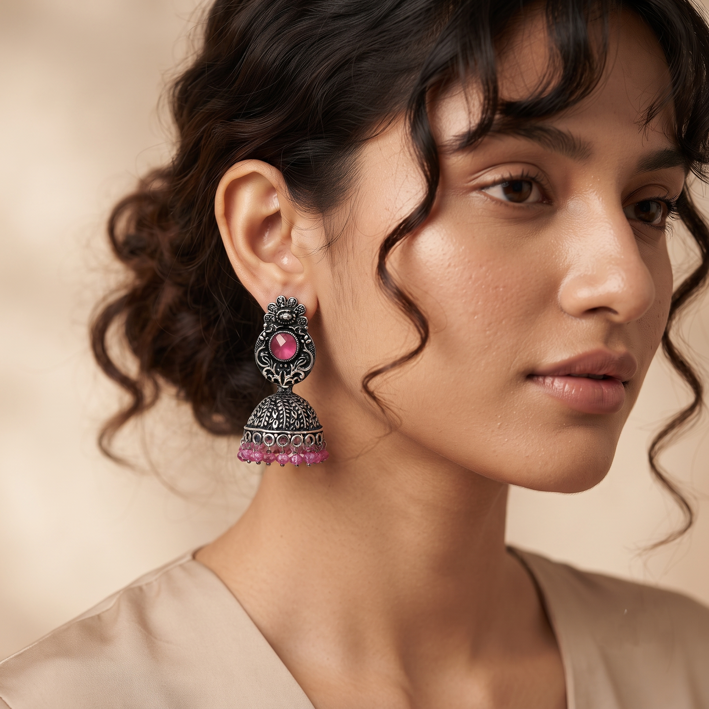 Pink Stone Dangle Jhumka Earrings