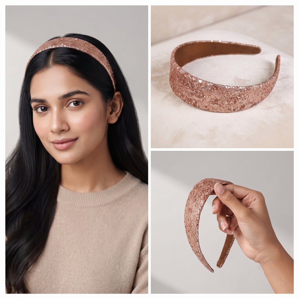 Luxury Bronze Gold Chunky Glitter Headband Wide Sparkly Rose Gold Padded Hairband