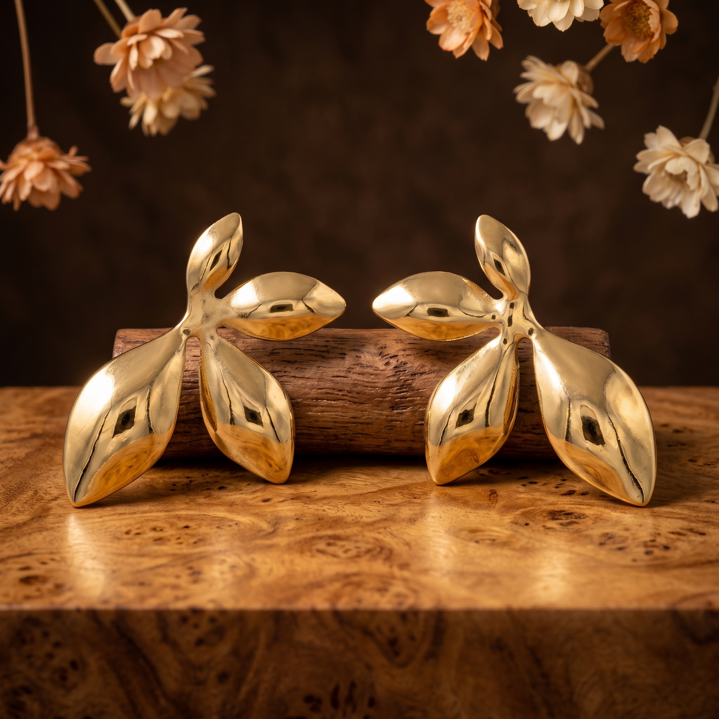 Gold Toned Brass Leaf Stud Earrings