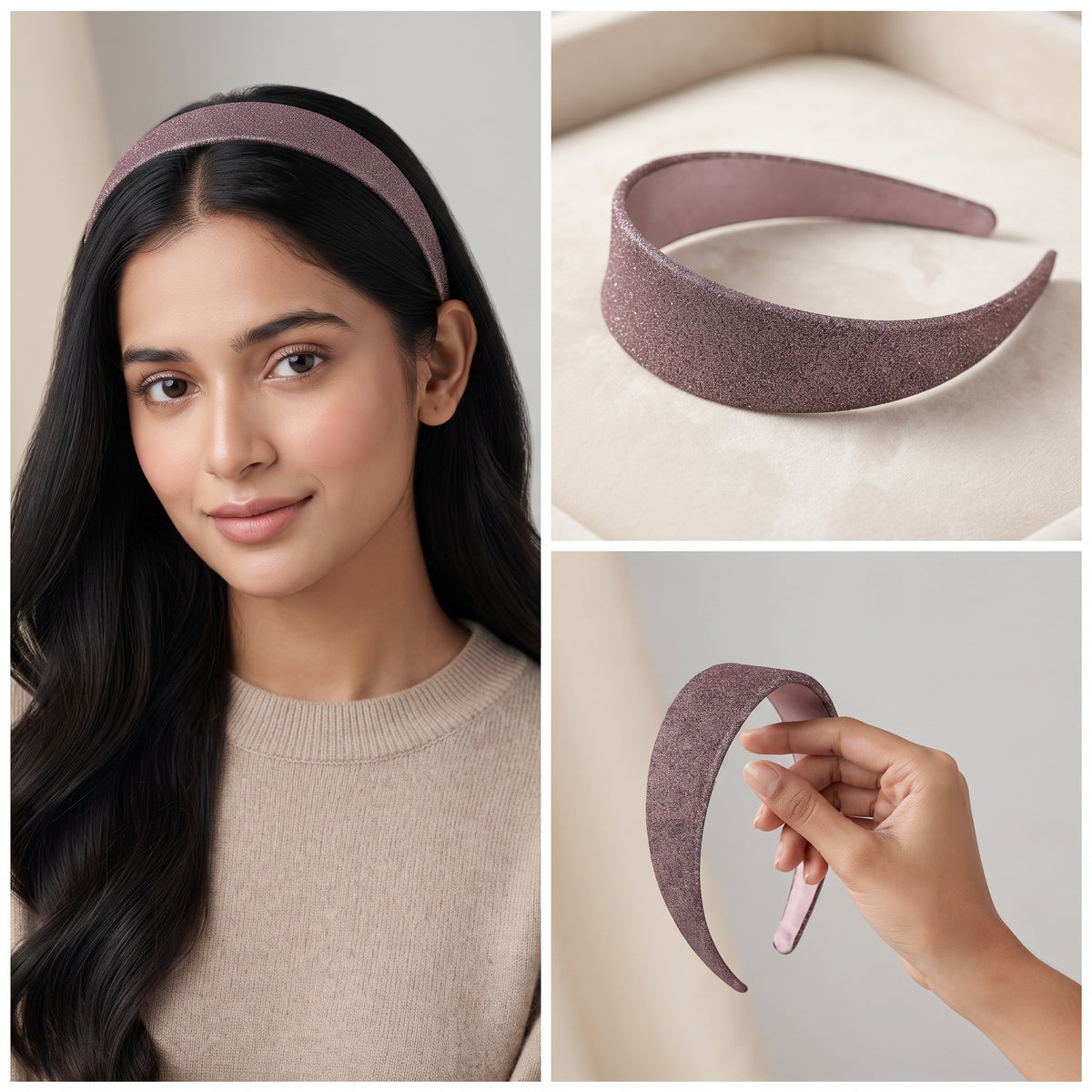 Luxury Dusty Rose Shimmer Wide Headband Elegant Mauve Pink Padded Hairband