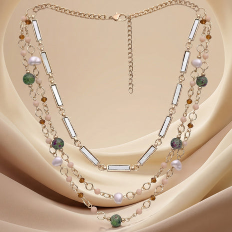 Gold-Plated Brass Handcrafted Triple-Layered Stone & Pearl Necklace