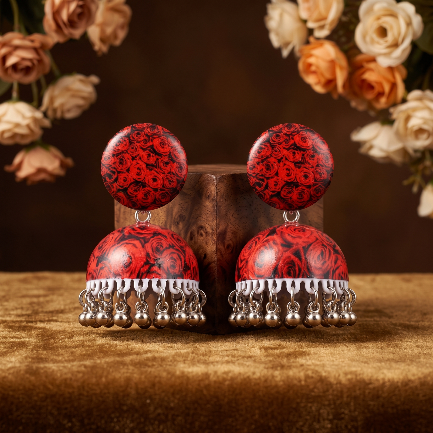 Silver Toned Brass Rose Print Jhumka Earrings