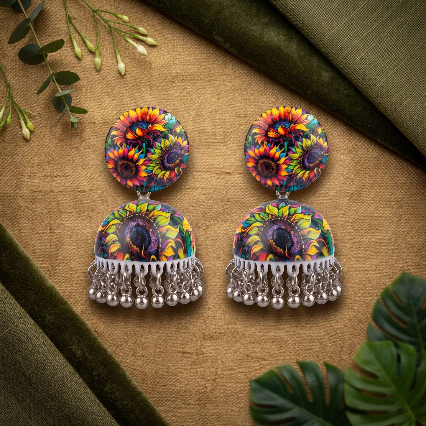 Silver Toned Brass Multicolor Sunflower Print Jhumka Earrings