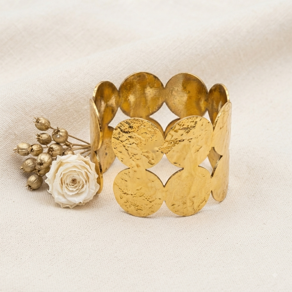 Gold Toned Brass Scalloped Coin Cuff Bangle