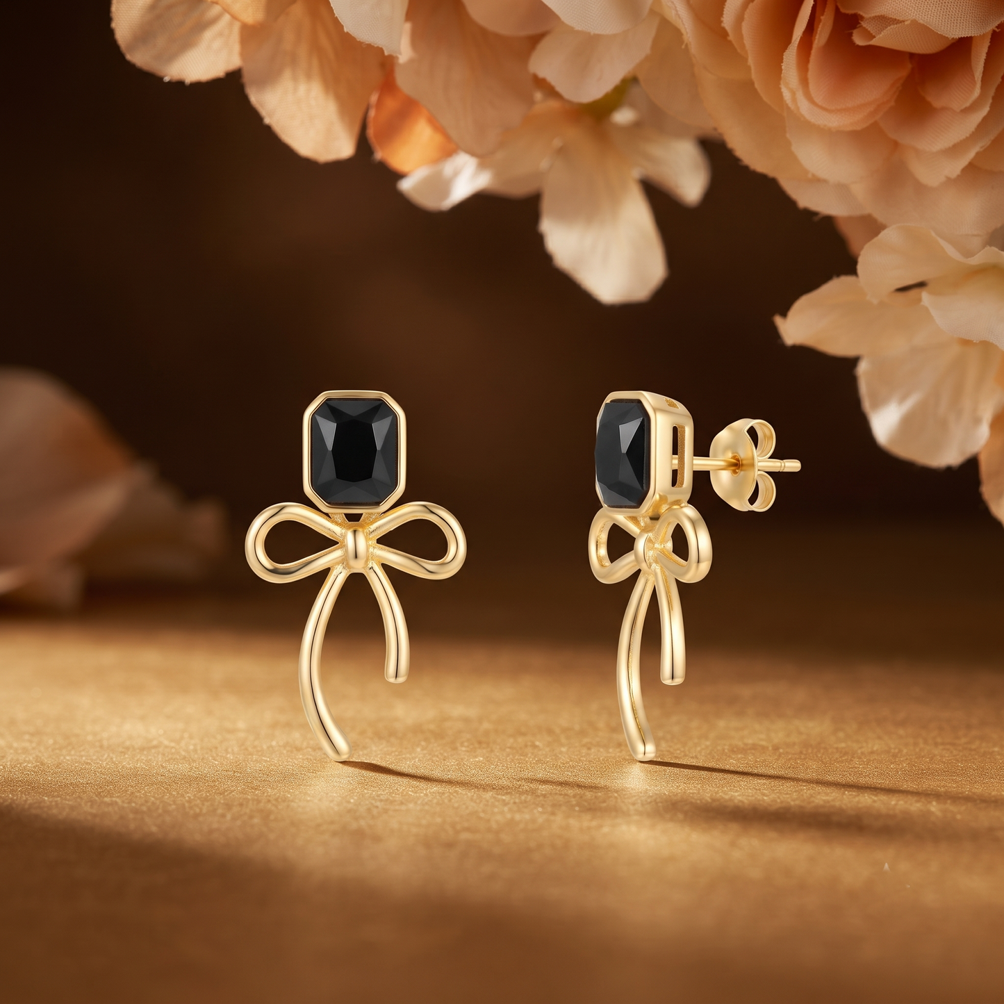 Gold Plated Brass Black Gem Bow Drop Earrings
