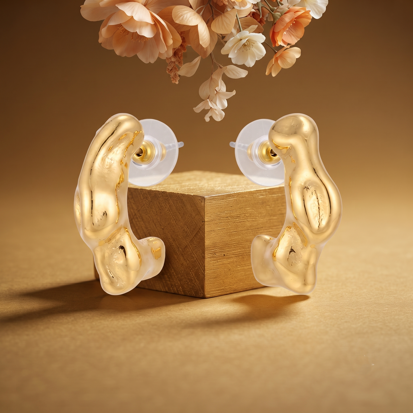 Gold Plated Brass Melted Organic Hoop Earrings