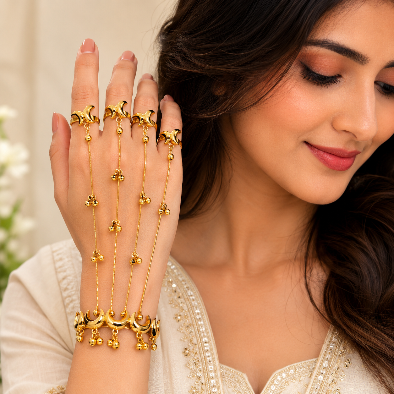 Gold Toned Brass Chain Hand Harness Bangle With Rings
