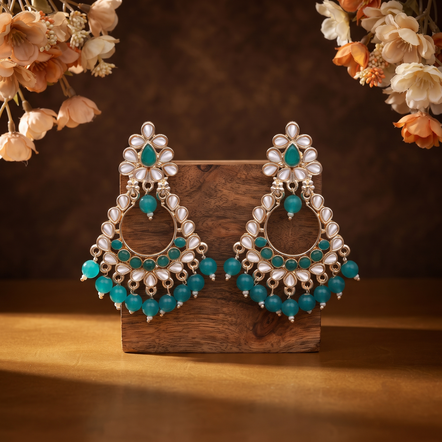 Teal White Stone Chandbali Earrings
