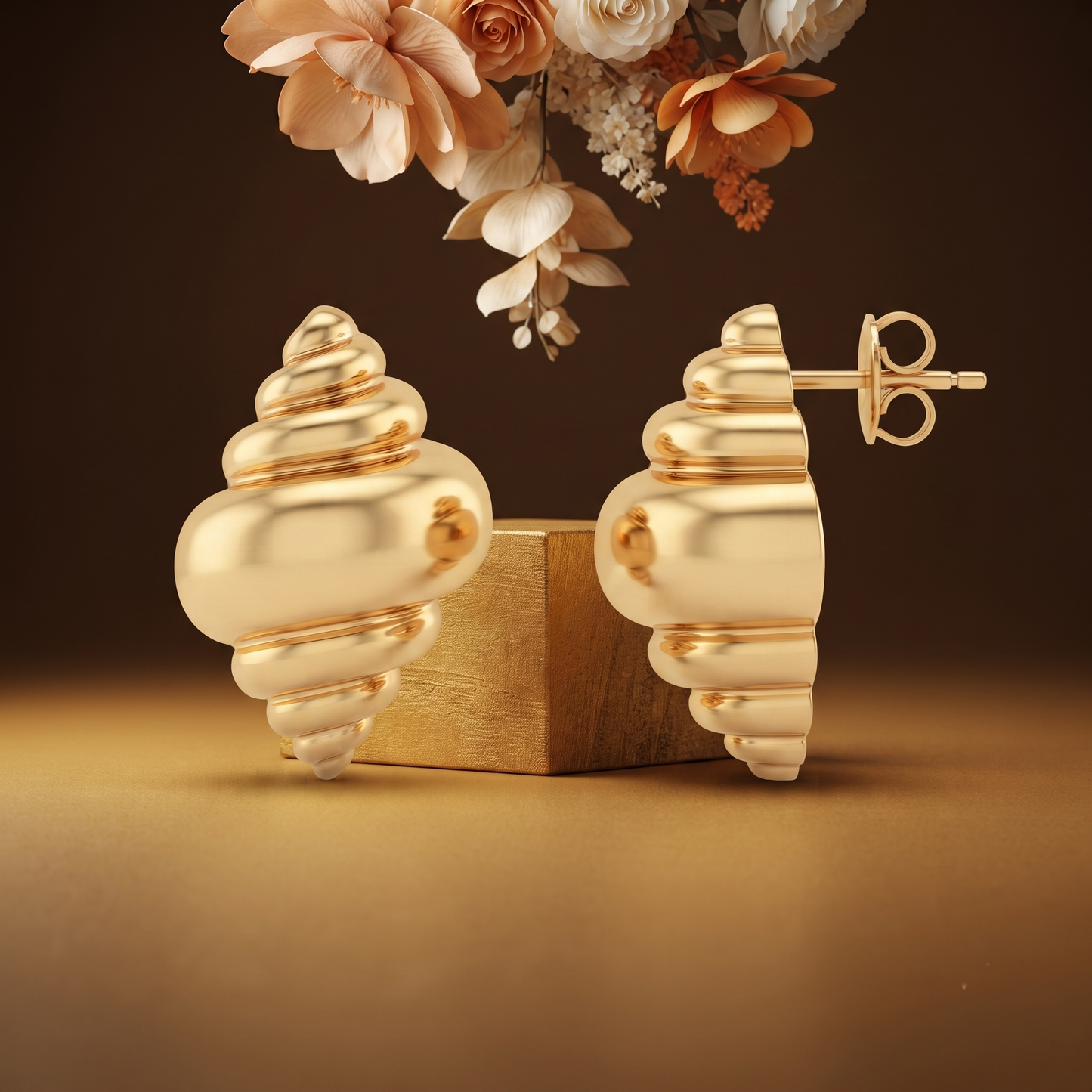 Gold Plated Brass Seashell Spiral Stud Earrings