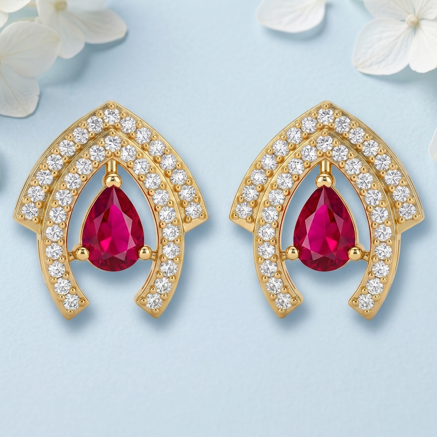 Gold-Tone Pear Ruby Stone Stud Earrings