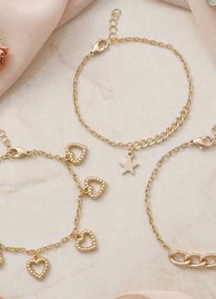 Gold Toned Brass Star And Heart Charm Bracelet Set Of 3
