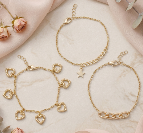 Gold Toned Brass Star And Heart Charm Bracelet Set Of 3