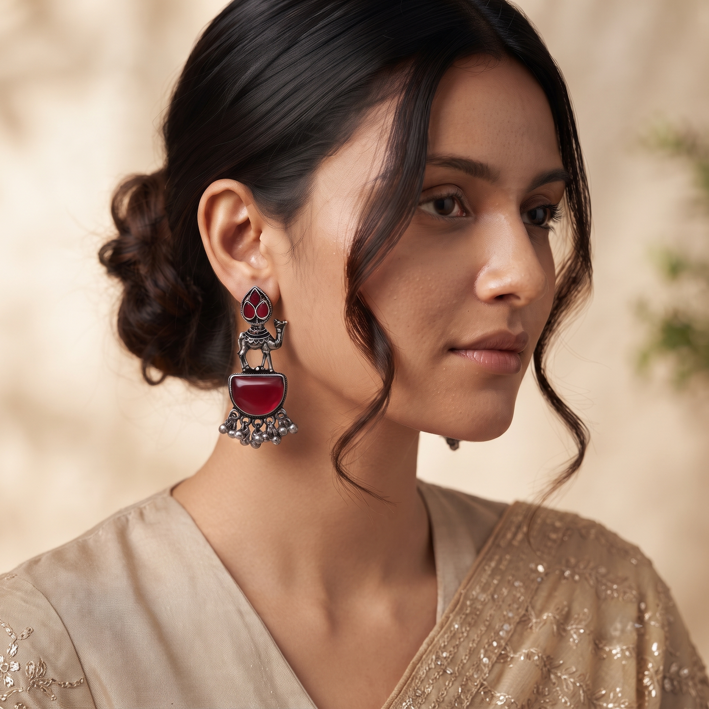 Enchanting Camel Maroon Stone Earrings