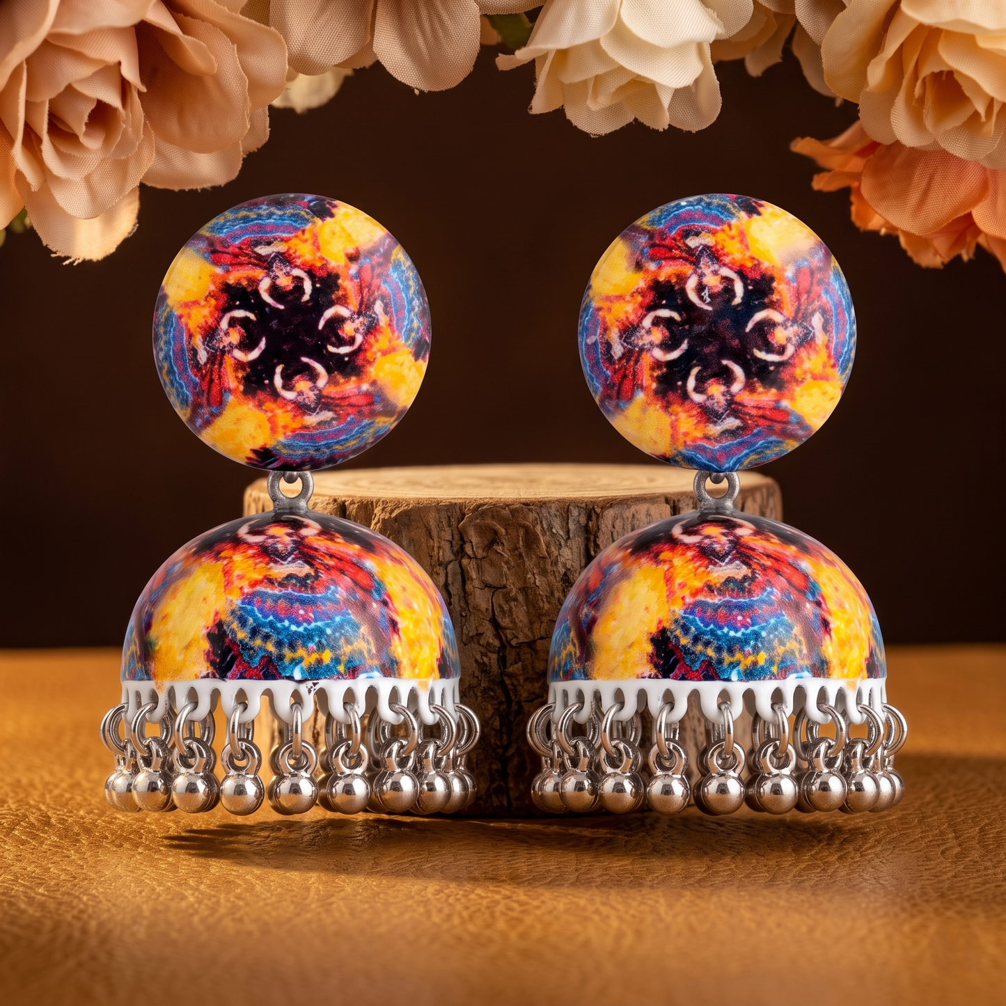 Silver Toned Brass Tribal Print Jhumka Earrings